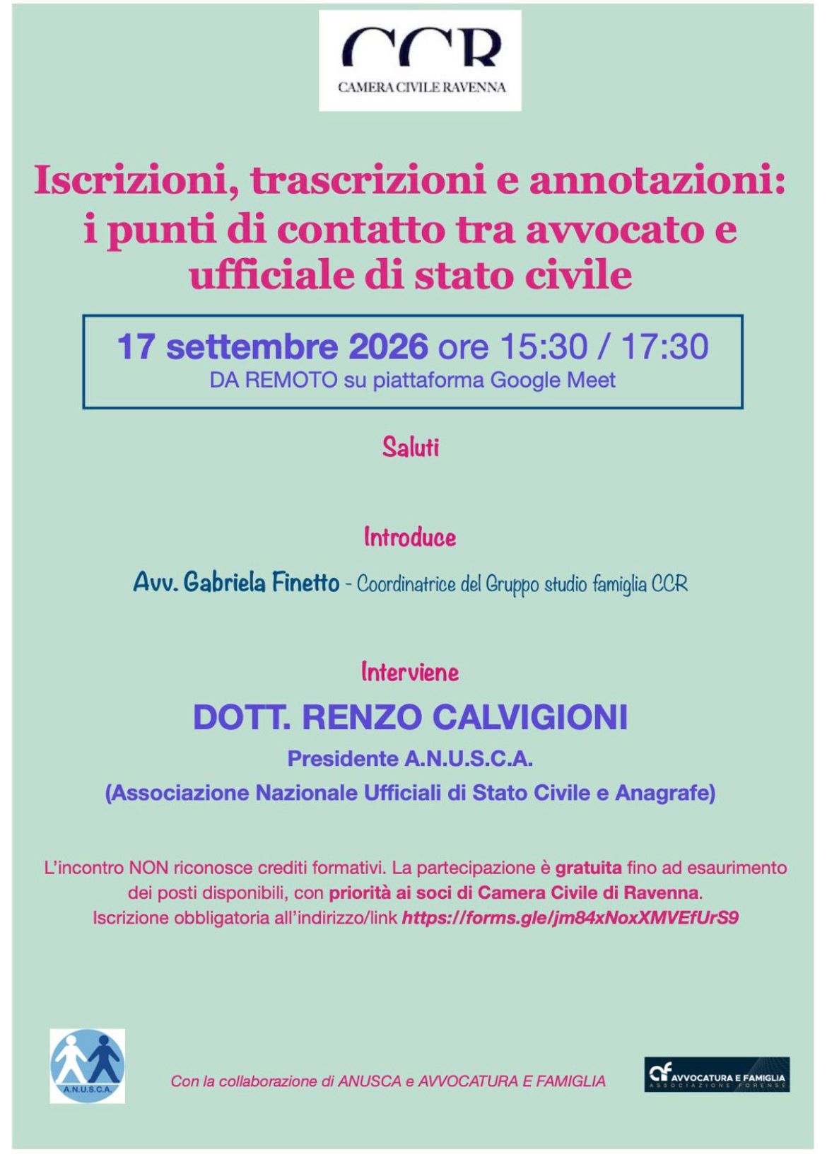 Iscrizione obbligatoria al link https://forms.gle/jm84xNoxXMVEfUrS9